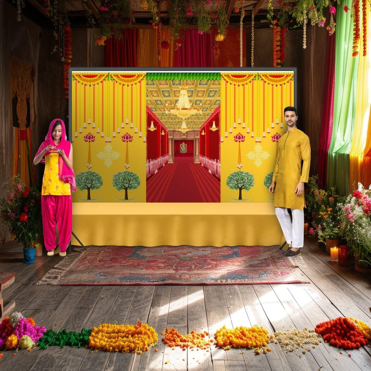Ganesha Backdrop Indian Traditional Cloth 5x8 Feet Backdrop Pooja Banner Indian Wall Art Photo Decor Banner Diwali Decor Wedding Backdrop Decorative Pooja Cloth